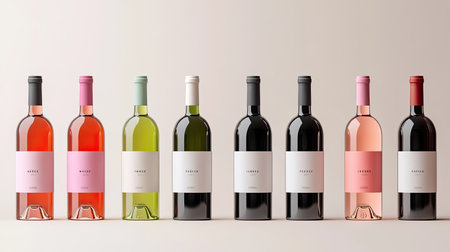 A vibrant arrangement of colorful wine bottles showcasing various hues and minimalist labels, perfect for events, parties, or elegant presentations.の素材