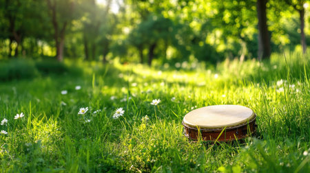 A serene forest scene featuring a drum placed in a lush green meadow, surrounded by vibrant flowers and illuminated by soft sunlight, evoking tranquility.の素材