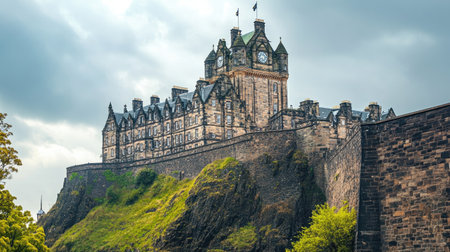 Explore the grandeur of Edinburgh Castle perched dramatically on a cliff, offering breathtaking views against a moody sky and rich historical significance.の素材