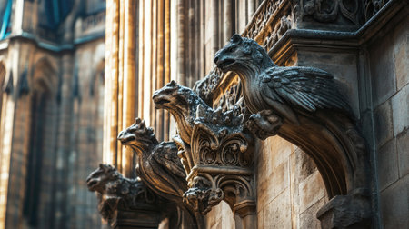 A close-up view of detailed stone gargoyles perched on a gothic cathedral. The intricate craftsmanship and soft light create a striking visual contrast, showcasing architectural artistry.の素材