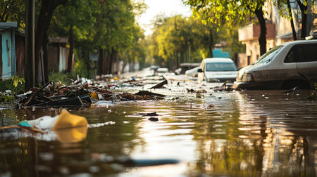 A flooded street showcases submerged vehicles and debris amidst a challenging urban landscape. The scene reflects the aftermath of a major flood event, highlighting environmental and community impact.の素材