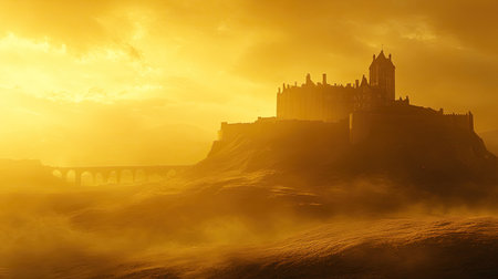 A captivating silhouette of a fortress rises from a golden-hued fog at sunset. This enchanting landscape captures the essence of mystery and tranquility.の素材