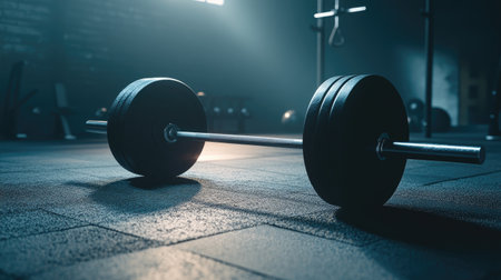 A heavy barbell rests on the gym floor, illuminated by dim lighting. This image captures the essence of strength training in a modern fitness center, ideal for motivation and inspiration.の素材