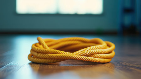 A vibrant yellow rope coil rests elegantly on a wooden floor, illuminated by soft natural light. The image captures the texture and simplicity, presenting a stylish indoor object.の素材