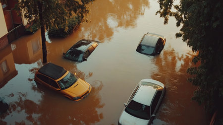 An aerial view capturing the aftermath of severe urban flooding, showcasing cars submerged in murky waters. This image highlights environmental challenges faced in city landscapes.の素材
