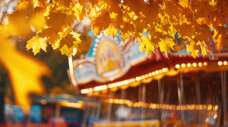 A vibrant autumn scene showcasing colorful leaves in focus amidst a blurred carnival carousel, capturing the essence of seasonal joy and outdoor fun.の素材