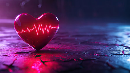 A vibrant glowing heart with a pulse line stands out on a dark cracked surface, symbolizing love, emotion, and life energy in a captivating visual.の素材