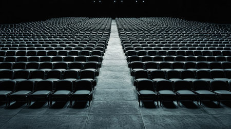 A wide shot of an empty auditorium showing a large arrangement of black chairs. The dark atmosphere creates a sense of anticipation and calmness.の素材