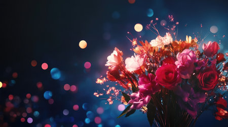A stunning floral bouquet featuring vibrant roses and blossoms set against a dark background, enhanced by sparkling lights and bokeh effects, creating an enchanting atmosphere.の素材
