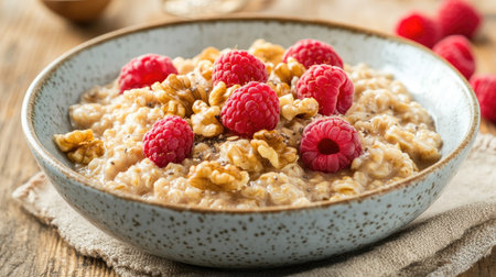 Enjoy a hearty bowl of oatmeal topped with fresh raspberries and walnuts. Perfect breakfast for a nutritious start to your day, ideal for healthy eating.の素材