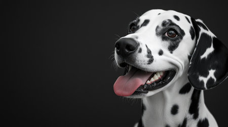 This image features a joyful Dalmatian dog showcasing its distinct black and white spots. The happy expression captures the essence of a playful companion.の素材