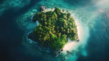 Experience a breathtaking aerial view of a secluded tropical island, featuring lush greenery, soft sandy beaches, and sparkling blue waters, perfect for escape and relaxation.の素材