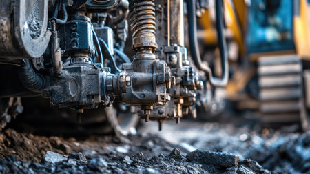 Close-up image depicting essential components of heavy machinery on a construction site. The focus highlights the intricate details and rugged surfaces showcasing industrial power and technology.の素材