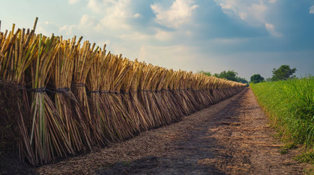 Stacks of harvested sugarcane line a dirt path under a cloudy sky, showcasing agricultural practices in a picturesque rural setting, highlighting nature's bounty.の素材