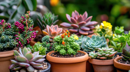 A beautiful arrangement of diverse succulent plants in terracotta pots showcases vibrant colors and textures, ideal for enhancing home decor or garden aesthetics.の素材