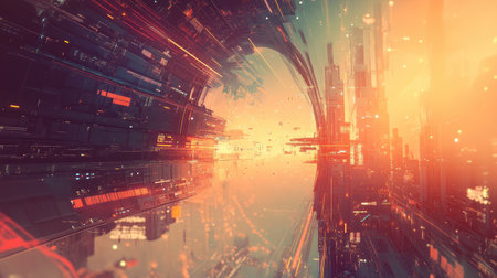 Explore a futuristic abstract landscape filled with shimmering lights and towering structures. This vibrant digital artwork creates an illusion of depth and energy.の素材