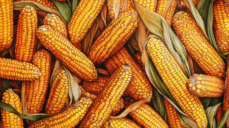 A vibrant close-up of fresh corn on the cob showcasing bright yellow kernels surrounded by green leaves, perfect for agricultural themes and food photography.の素材