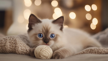 A charming kitten with striking blue eyes plays with a yarn ball in a cozy indoor setting, surrounded by beautifully blurred holiday lights, evoking comfort and joy.の素材