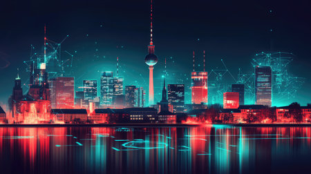 Stunning futuristic skyline of Berlin at night, featuring vibrant colors, reflections in water, and a blend of modern and digital elements, creating an immersive urban atmosphere.の素材