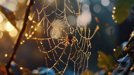 A striking close-up image of a spider resting on its intricate web adorned with shimmering dewdrops, illuminated by soft sunrise light, showcasing nature's delicate beauty.の素材