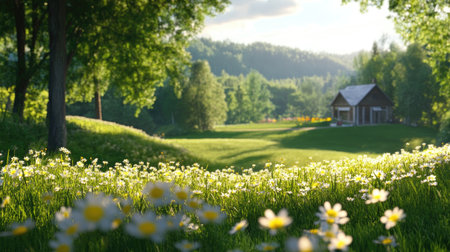 A tranquil meadow adorned with blooming daisies and a charming cabin, surrounded by lush greenery and hills under a bright sky, perfect for a peaceful retreat.の素材