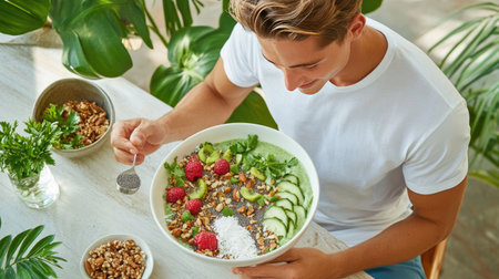A young man savors a vibrant fruit bowl packed with fresh ingredients, enjoying a nutritious and colorful breakfast in a bright, plant-filled setting.の素材
