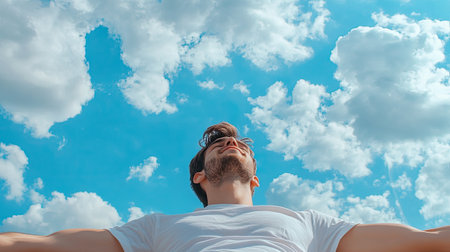 A man stands under a bright blue sky with fluffy clouds, arms outstretched. He embodies joy and freedom, enjoying the warmth of the sun on his face.の素材