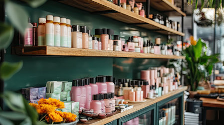 A beautiful arrangement of diverse beauty products on stylish wooden shelves, showcasing a modern aesthetic with natural colors and a calming ambiance.の素材