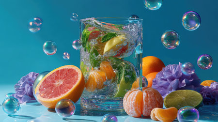 A stunning still life composition featuring a glass filled with sparkling water and a vibrant assortment of citrus fruits, surrounded by colorful bubbles and flowers.の素材