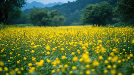 A stunning view of a vibrant yellow flower field with lush green trees in the background, creating a serene and peaceful natural landscape filled with beauty.の素材