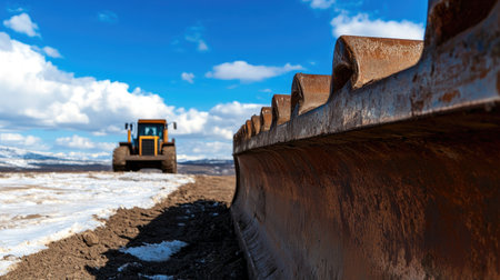 A close-up view of an excavator blade in the foreground with a heavy machinery vehicle in the background. This image captures the essence of construction and earthmoving operations.の素材