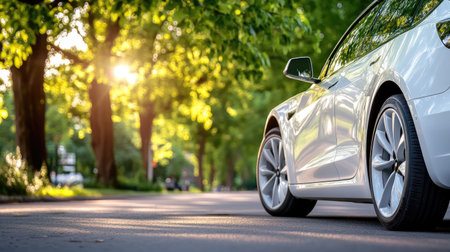 A sleek white car rests on a tranquil tree-lined street, basking in the warm glow of sunset. The perfect blend of nature and modern design creates an inviting atmosphere.の素材