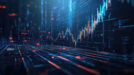 This image depicts an abstract data visualization featuring graphs and digital patterns. It represents a futuristic environment ideal for technology and finance themes.の素材