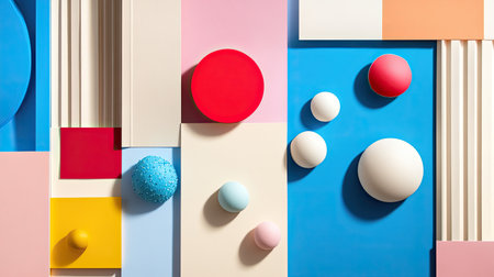 This vibrant arrangement of colorful geometric shapes provides a modern aesthetic perfect for design projects, emphasizing creativity and playful composition.の素材
