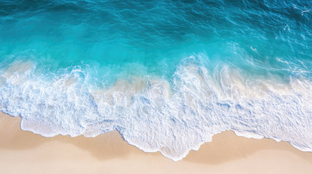 This stunning aerial view captures the gentle waves rolling onto a sandy beach in vibrant turquoise hues. Perfect for summer themes and relaxation.の素材