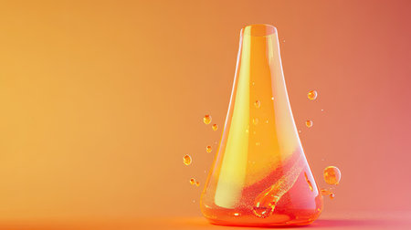 A striking laboratory flask filled with vibrant orange liquid. Bubbles and splashes create dynamic movement against a colorful background, ideal for creative projects.の素材