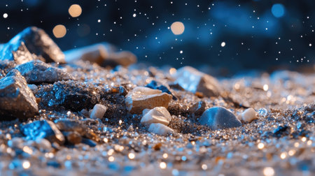 Discover the enchanting beauty of glimmering pebbles on wet sand, adorned with gentle rain droplets, creating a serene and tranquil scene in twilight.の素材
