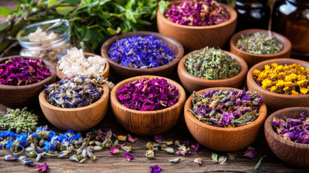 A vibrant assortment of dried herbs and flowers displayed in wooden bowls. Perfect for culinary uses, herbal remedies, or as decorative elements.の素材