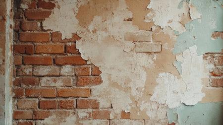 This image features a weathered brick wall with peeling paint, showcasing a blend of rustic and vintage textures. Ideal for design projects or backgrounds.の素材