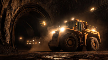 A powerful loader machine operates in a dimly lit mine tunnel, highlighting heavy machinery at work. Dust and illumination define this underground environment.の素材