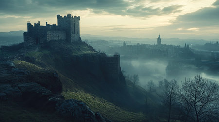 A stunning view of an ancient castle perched on a hill, surrounded by fog at dawn. The dramatic scene captures a sense of history and tranquility in nature.の素材