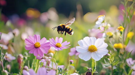 A bumblebee hovers gracefully above vibrant flowers in a sunny meadow, showcasing the beauty of nature and the importance of pollinators in a colorful garden setting.の素材