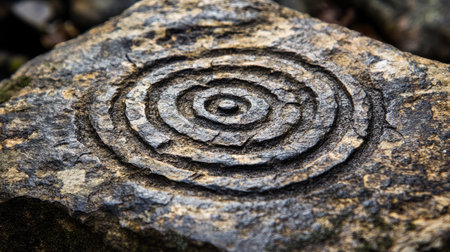 Close-up view of an ancient spiral engraving on a stone surface, showcasing intricate patterns and natural textures, representing historical art in the environment.の素材