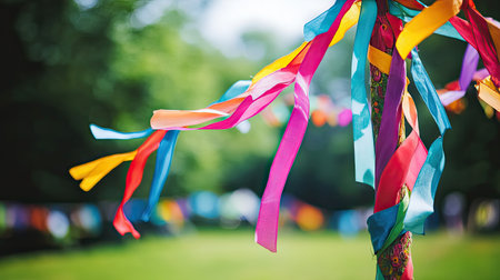 A vibrant display of colorful ribbons flowing from a decoration pole, inviting joy and festivity. Perfect for capturing the essence of outdoor celebrations and events.の素材