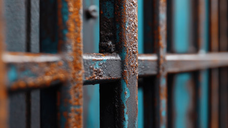 This close-up image showcases old, rusty metal bars with flaking blue paint. The detailed texture highlights decay, creating a striking urban aesthetic.の素材