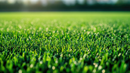 A close-up view of lush green grass covered with morning dew under natural sunlight. This image captures the vibrant beauty of nature, emphasizing freshness and tranquility.の素材