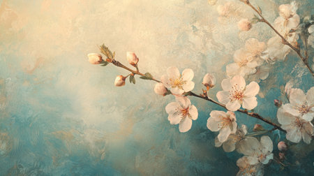 A serene cherry blossom branch blooms beautifully against a soft blue background, capturing the essence of spring in an artistic and tranquil scene perfect for nature lovers.の素材