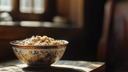 A beautiful bowl of homemade rice dish, rich in texture and flavor, sits on a rustic wooden table, illuminated by soft indoor sunlight, creating a cozy atmosphere.の素材