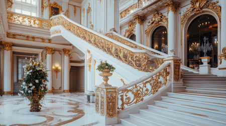 Discover the beauty of an elegant grand staircase nestled within a luxurious historic interior, showcasing intricate details and opulent design elements.の素材