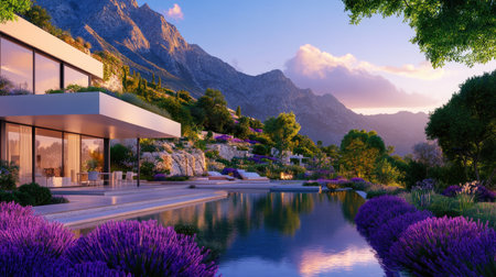 A stunning modern house sits gracefully near a tranquil water body, surrounded by colorful gardens and majestic mountains, capturing serene beauty at sunset.の素材